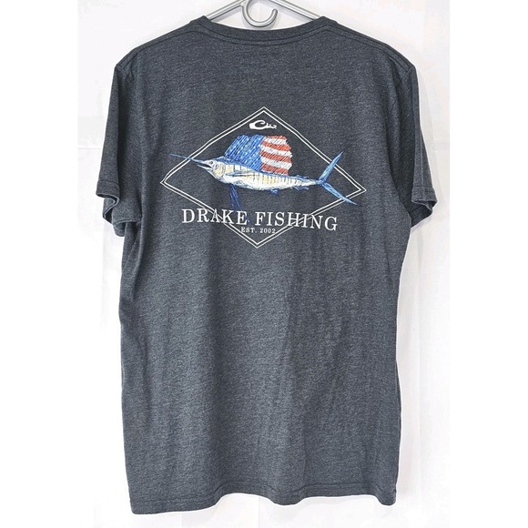 Drake Other - Drake Front And Back Logo Swordfish‎ US Flag TShirt Mens Large Gray Cotton Poly